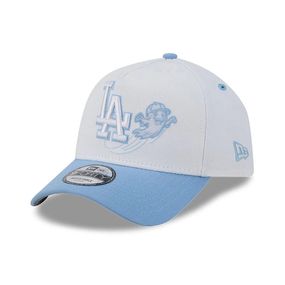LA Dodgers MLB Halloween White New Era 9FORTY A-Frame Adjustable Cap, three-quarter view showing the raised light blue LA logo and ghost graphic on the front panels, a light blue visor with a 9FORTY size sticker.