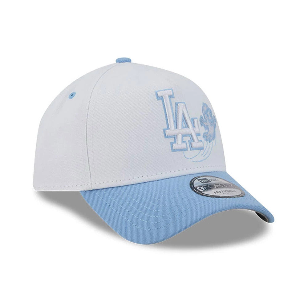 LA Dodgers MLB Halloween White New Era 9FORTY A-Frame Adjustable Cap, three-quarter view showing the light blue embroidered LA logo and Halloween graphic on the front panel, with a curved light blue visor and 9FORTY size sticker on top.