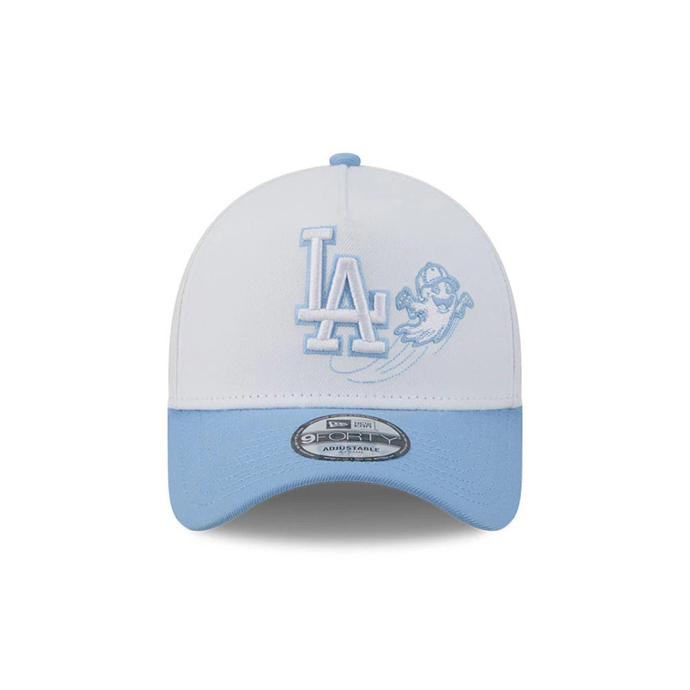 LA Dodgers MLB Halloween White New Era 9FORTY A-Frame Adjustable Cap, front view showing a light blue embroidered LA Dodgers logo and a ghost graphic on the front panel, with a matching light blue curved visor and a 9FORTY size sticker.