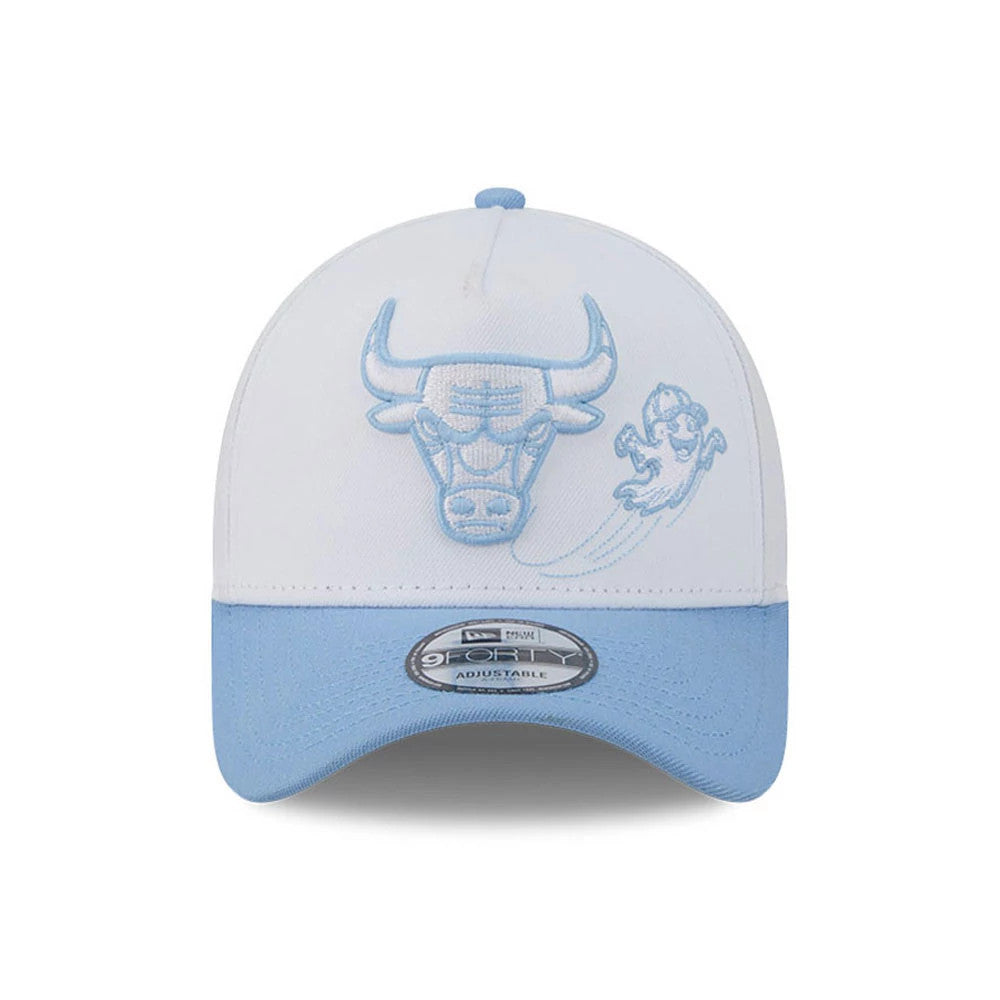 Chicago Bulls NBA Halloween White New Era 9FORTY A-Frame Adjustable Cap, front view showcasing the light blue embroidered Bulls logo and ghost graphic on the white front panel, paired with a contrasting light blue visor and 9FORTY size sticker.