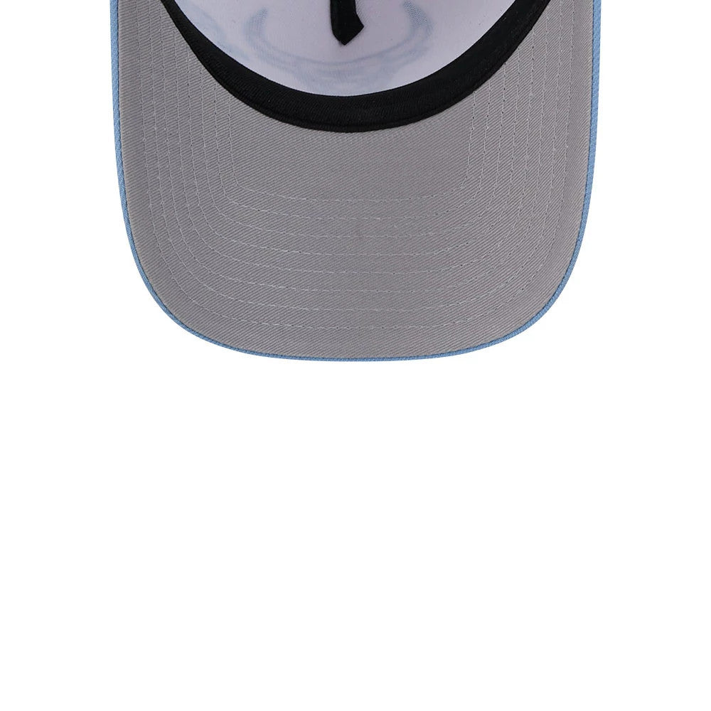 Chicago Bulls NBA Halloween White New Era 9FORTY A-Frame Adjustable Cap, inside view showing a grey undervisor with curved stitching, a black sweatband lining the inner edge, and light blue trim on the visor's edge.