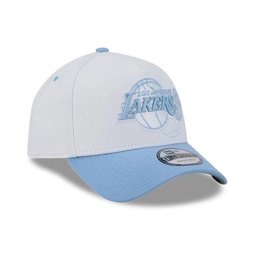 LA Lakers NBA Halloween White New Era 9FORTY A-Frame Adjustable Cap, three-quarter view showing the raised blue embroidered Lakers logo on the front white panel, light blue curved visor, and the 9FORTY size sticker on the top of the visor.