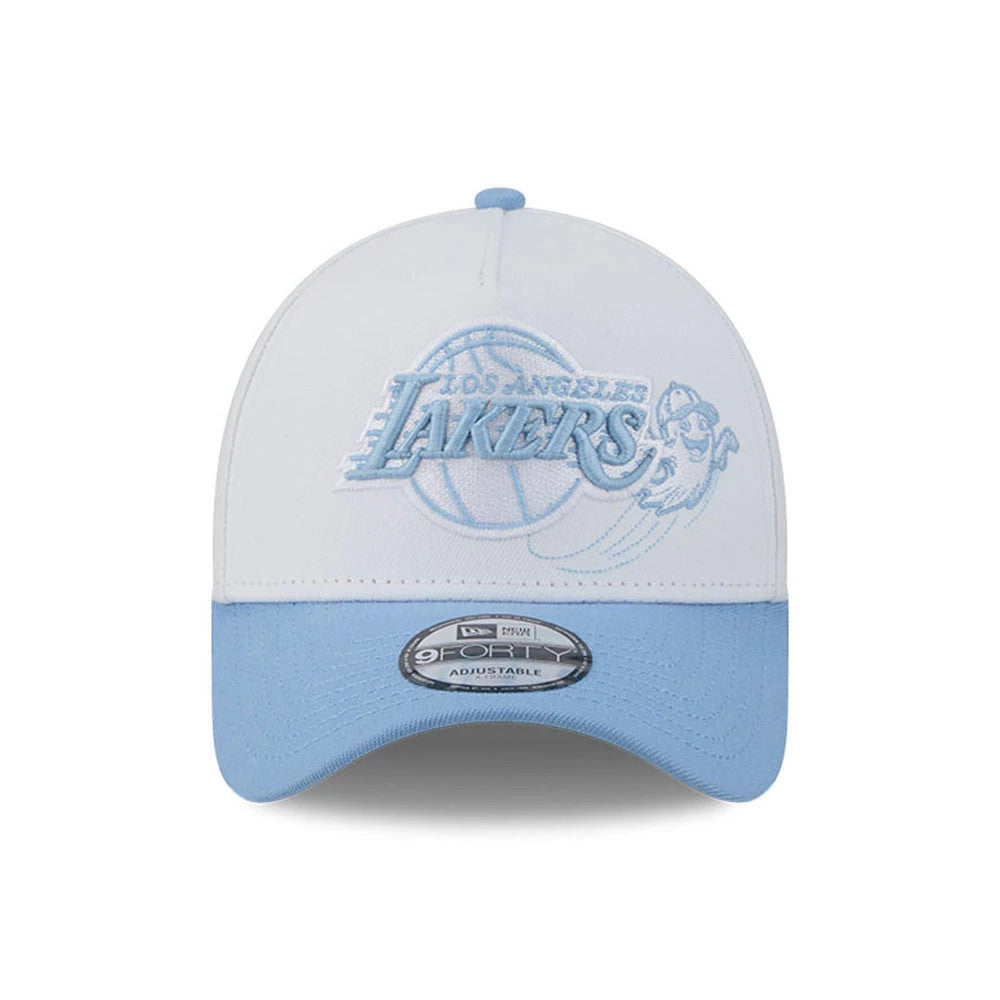 LA Lakers NBA Halloween White New Era 9FORTY A-Frame Adjustable Cap, front view showing light blue raised embroidery of the LA Lakers logo on the structured white crown, with a matching blue visor and a 9FORTY size sticker on the visor.