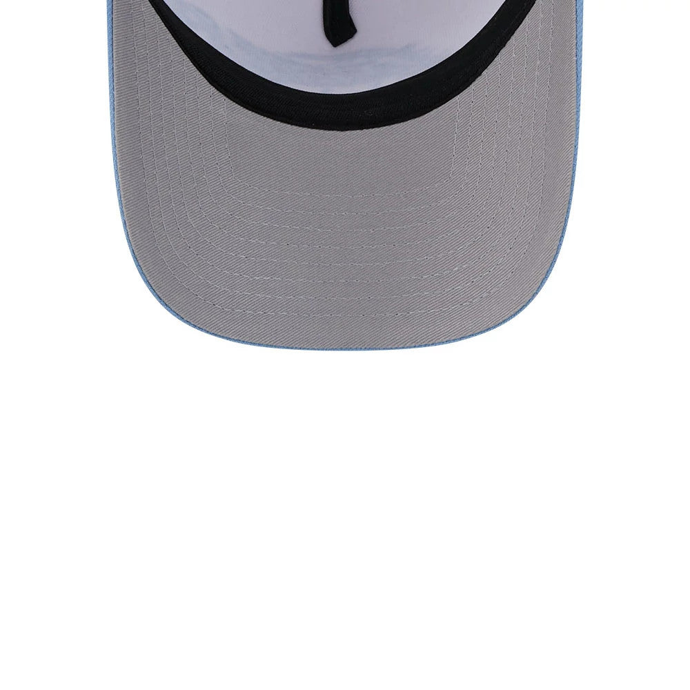 LA Lakers NBA Halloween White New Era 9FORTY A-Frame Adjustable Cap, inside view showing the grey undervisor, black sweatband, and white interior taping, displaying the detailed stitching pattern on the visor.