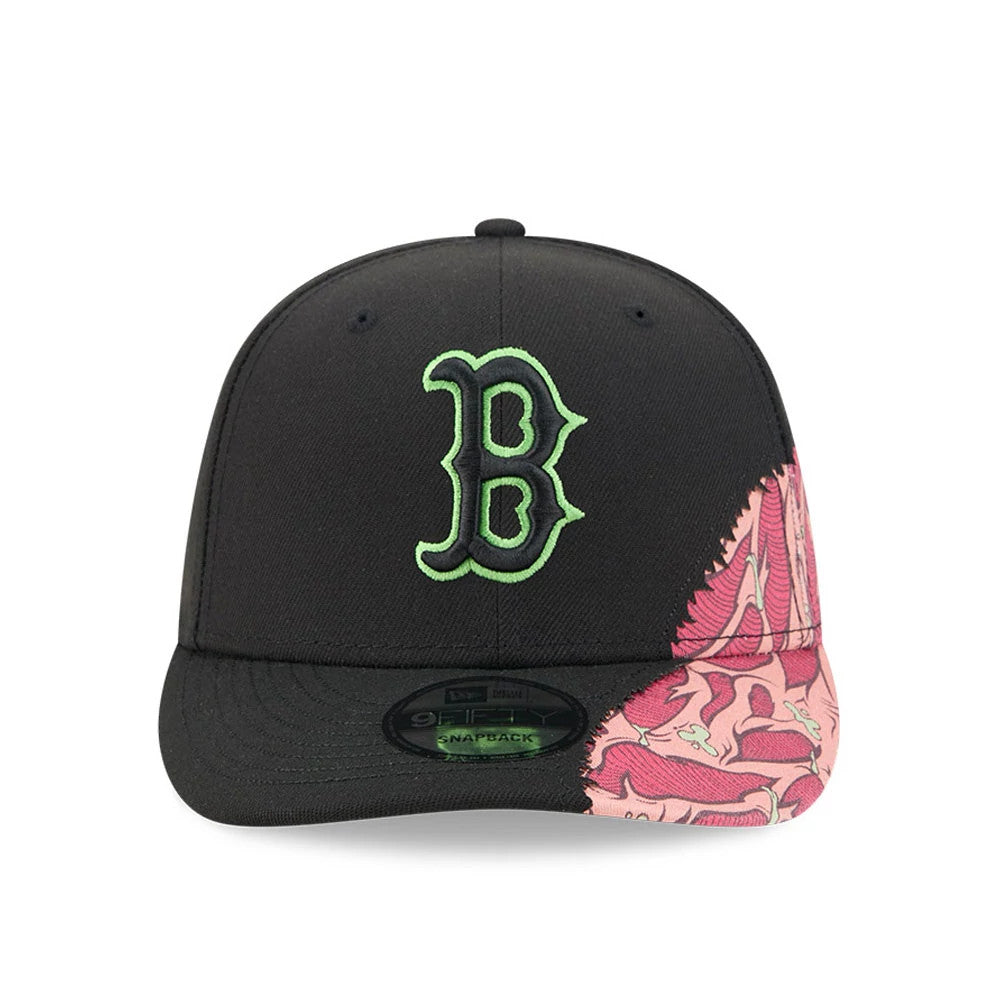 Boston Red Sox MLB Halloween Black New Era 9FIFTY Snapback Adjustable Cap, front view showing the raised lime green B embroidered on the black front panel, pink and red patterned graphics on the right side, and black visor with a 9FIFTY size sticker.