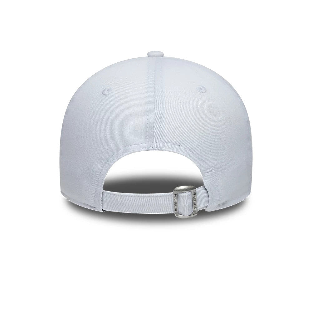 Williams Essential White New Era 9FORTY Adjustable Cap, rear view showing a white strap with a buckle for size adjustment, four evenly spaced eyelets on the structured white crown, and a central seam running vertically down the back.