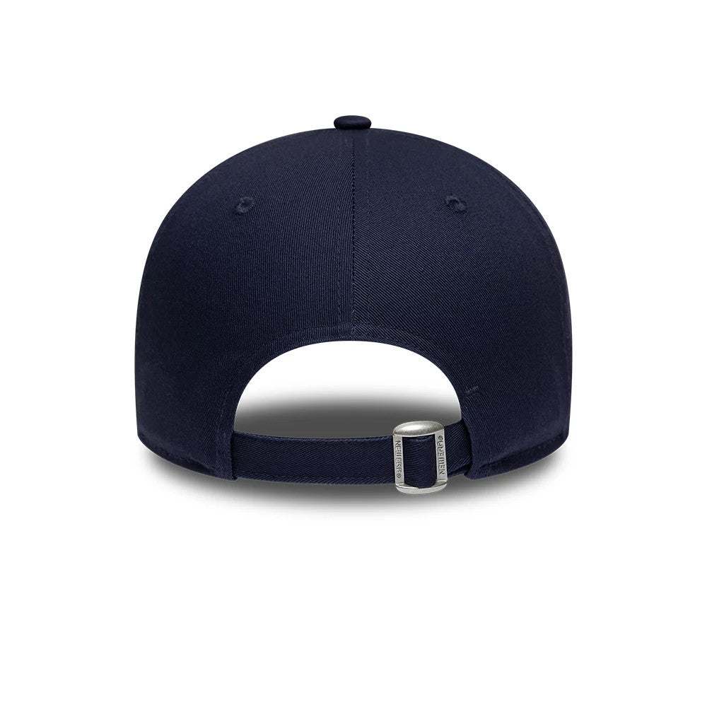 Williams Essential Navy New Era 9FORTY Adjustable Cap, rear view showing the curved navy visor, the structured navy crown with eyelets and top button, and the adjustable fabric strap with a silver slider at the back.
