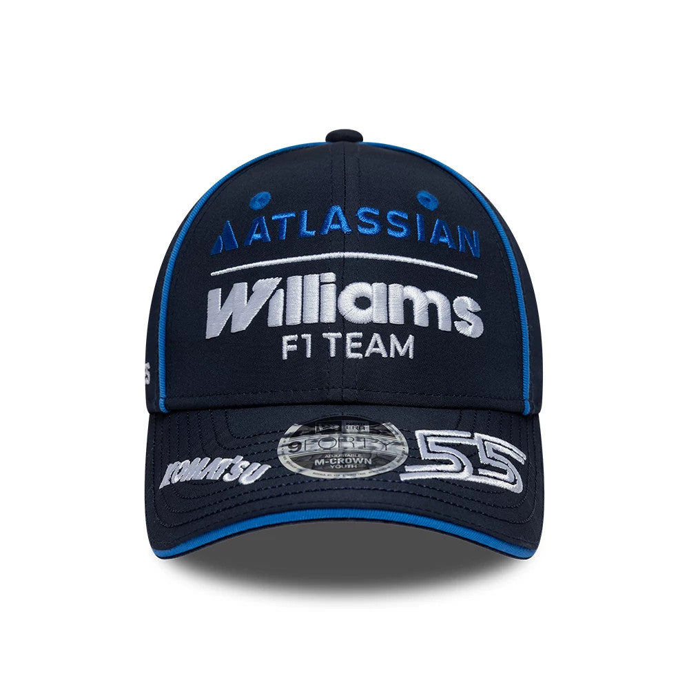 Youth Williams Carlos Sainz Navy New Era 9FORTY M-Crown Adjustable Cap, front view showing white embroidered Williams F1 Team and Atlassian logos on the navy crown, with 9FORTY size sticker and number 55 on the visor.
