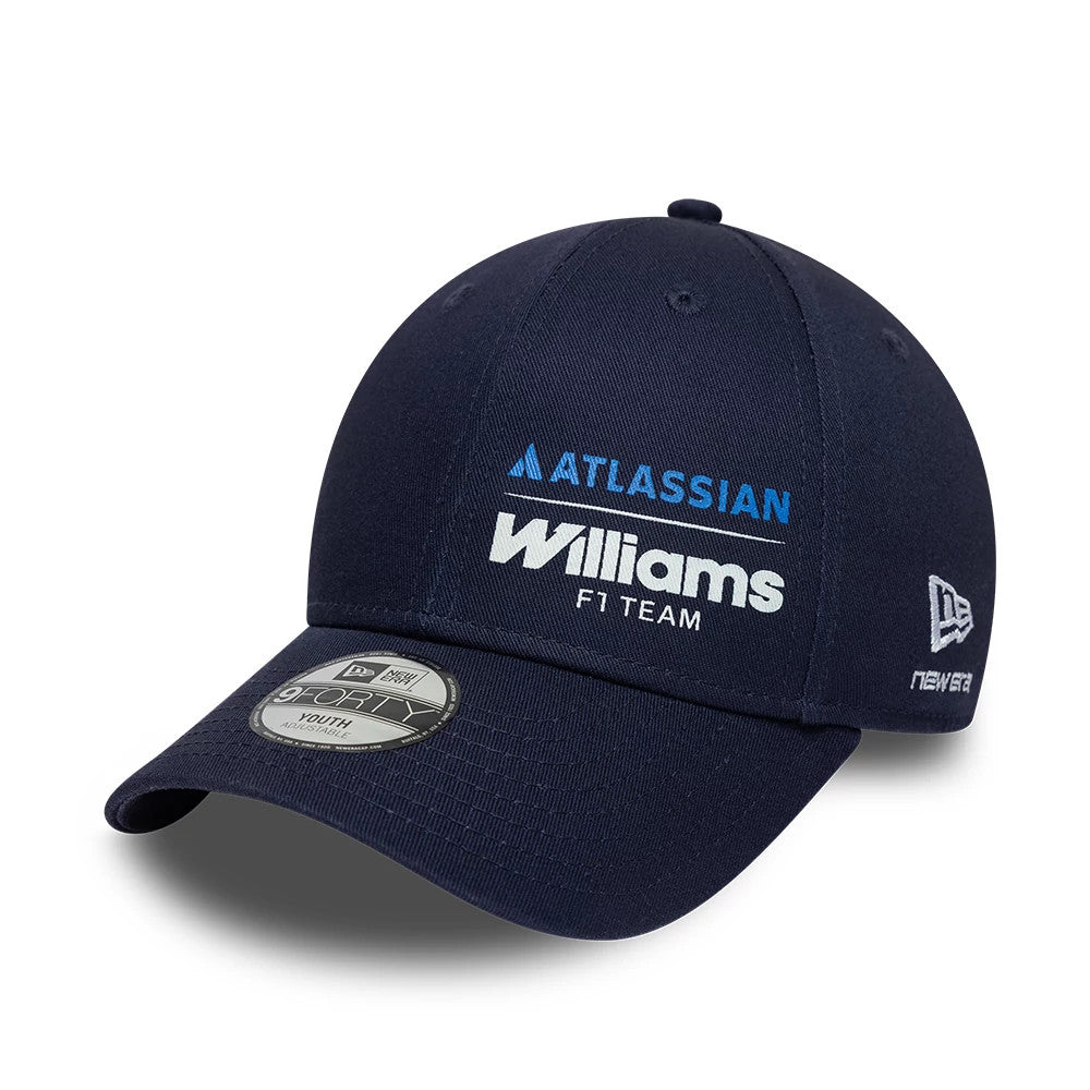 Youth Williams Essential Navy New Era 9FORTY Adjustable Cap, front view showing the blue and white embroidered Williams F1 Team lettering on the structured navy crown, with a curved visor and a 9FORTY size sticker on the visor.
