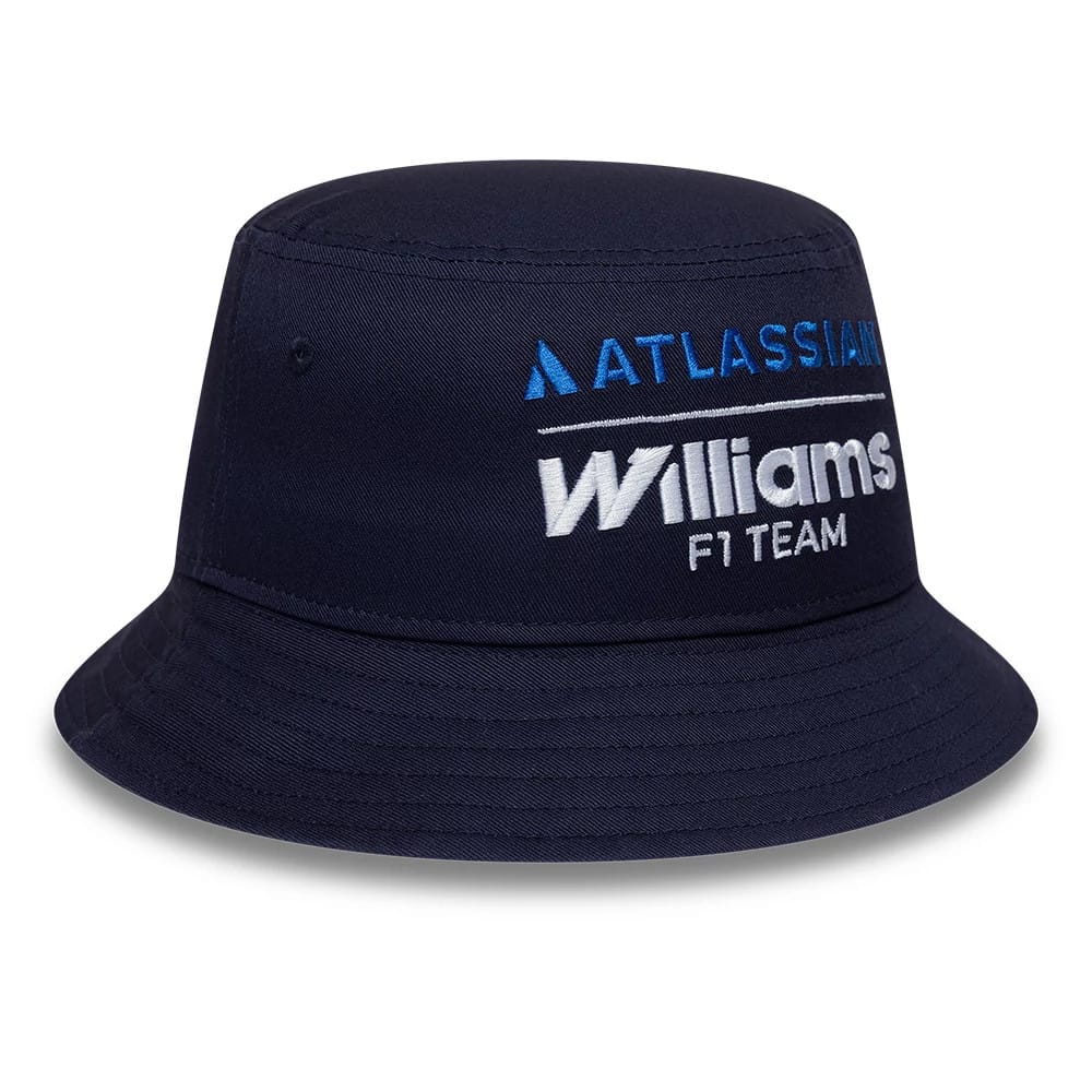 New Era Youth Williams Essential Navy Bucket Hat, front view showing the embroidered Williams F1 Team logo in white and light blue, with a structured navy crown and a downward-sloping visor, complemented by side eyelet details for added style.