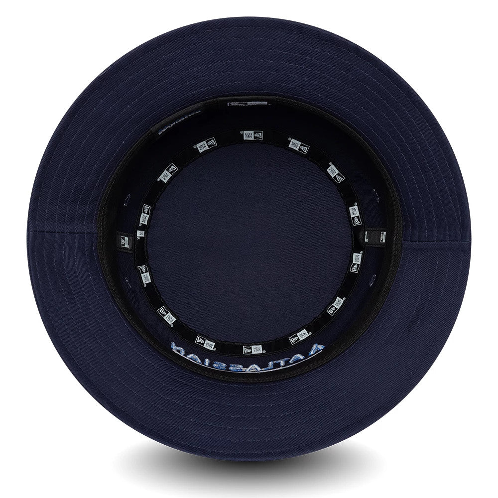 New Era Youth Williams Essential Navy Bucket Hat, inside view showing the black sweatband with repeated New Era branding, navy taping along the inner seams, and a plain navy undervisor.