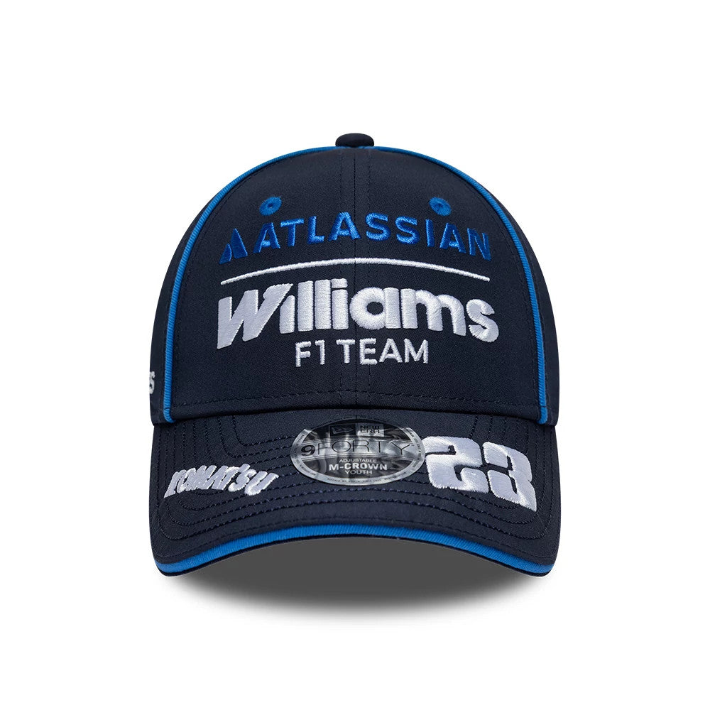 Youth Williams Alex Albon Navy New Era 9FORTY M-Crown Adjustable Cap, front view showing raised white and blue embroidered Williams F1 Team and Atlassian logos on the navy crown, with a 9FORTY size sticker on the navy visor.
