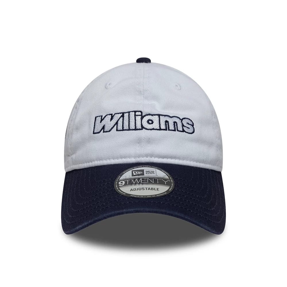 Williams Suzuka Race Special White New Era 9TWENTY Adjustable Cap, front view showing the navy embroidered Williams logo on the white front panel, with a contrasting dark visor and a New Era 9TWENTY size sticker on the centre.