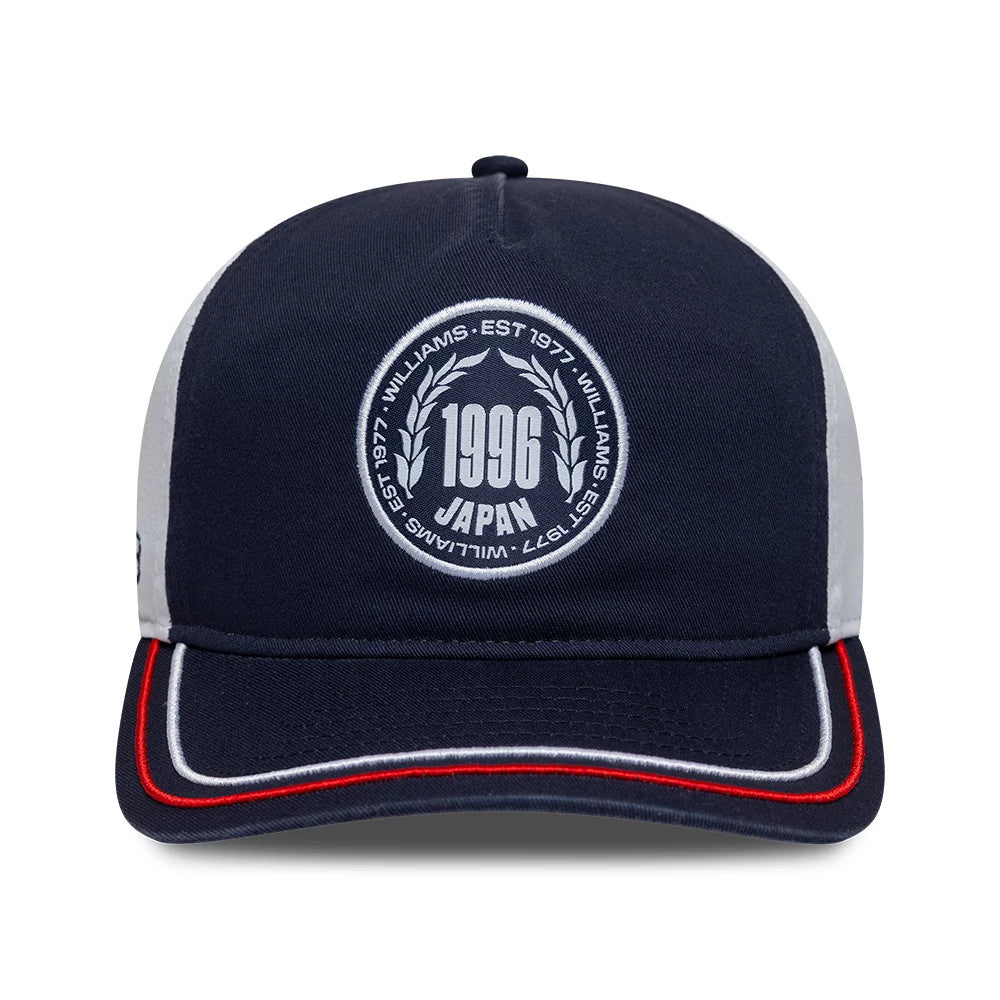 Williams Suzuka Race Special Navy New Era 19TWENTY Adjustable Cap, front view showing white embroidered 1996 Japan graphic centred on the navy crown, with a grey side panel and a contrasting red and white stripe on the visor edge.