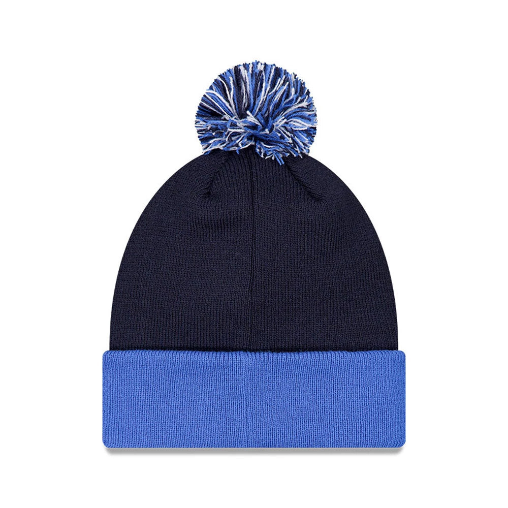 New Era Williams Essential Navy Bobble Knit Beanie Hat, front view showing a multicoloured bobble on top of the deep navy beanie, with a contrasting lighter blue cuff providing a simple yet look.
