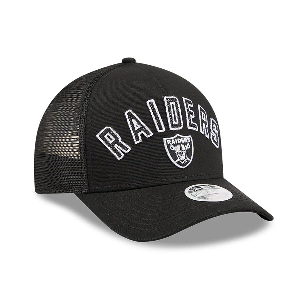 Raiders Womens NFL Black New Era 9FORTY M-Crown A-Frame Trucker Adjustable Cap, three-quarter view showing the raised white embroidered Raiders lettering across the front panel, black mesh side panels.