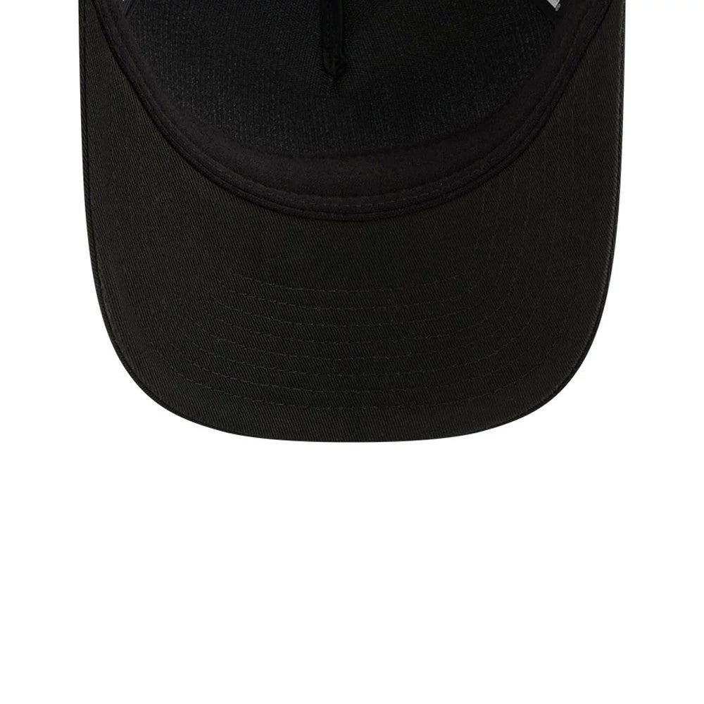 Raiders Womens NFL Black New Era 9FORTY M-Crown A-Frame Trucker Adjustable Cap, top view showing the elongated black curved visor, reinforced stitching lines on the visor and part of the structured black crown at the top.