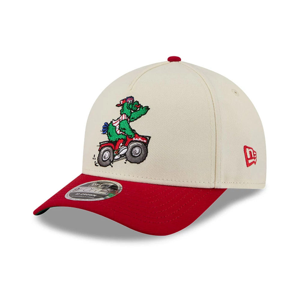 Phillies MLB All Star Game Cream New Era 9FORTY M-Crown A-Frame Adjustable Cap, front view showing a raised colourful mascot embroidered on the cream crown, with a red visor and the New Era flag logo in red on the left side.