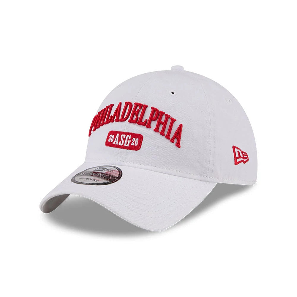 MLB All Star Game White New Era 9TWENTY Adjustable Cap, front view showing red embroidered PHILADELPHIA lettering and 20 ASG 26 detail on the front panel, curved white visor with a 9TWENTY size sticker, and red New Era flag logo on the left side.