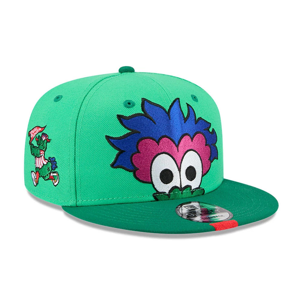 Phillies MLB All Star Game Bright Green New Era 9FIFTY Snapback Adjustable Cap, front view showing a colourful embroidered character face on the front panels, bright green structured crown, flat green visor and a 9FIFTY size sticker.