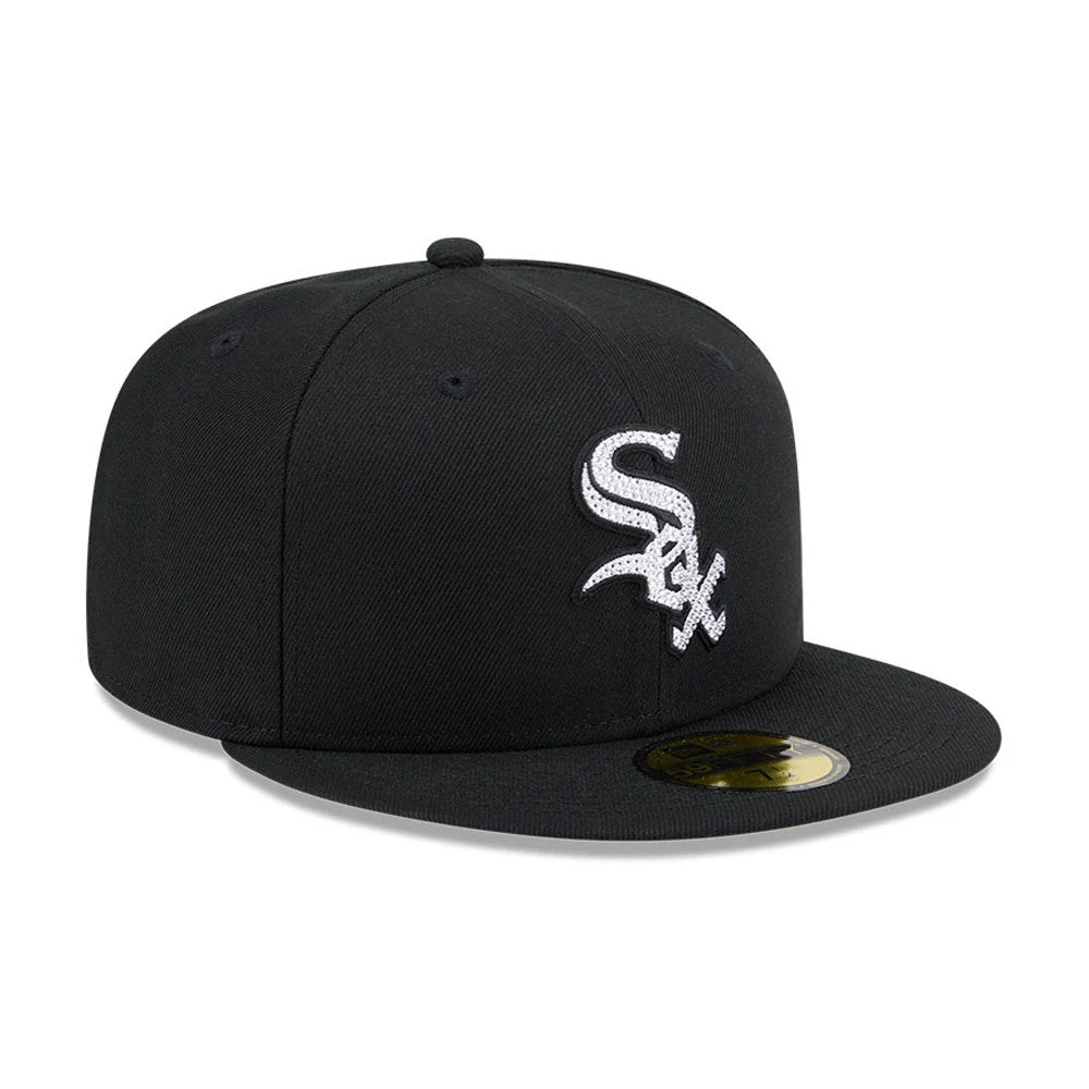 Chicago White Sox MLB Rhinestone Badge Black New Era 59FIFTY Fitted Cap, three-quarter view showing the silver and white rhinestone-encrusted Sox logo on the front panel, flat black visor, and gold 59FIFTY size sticker on the visor.