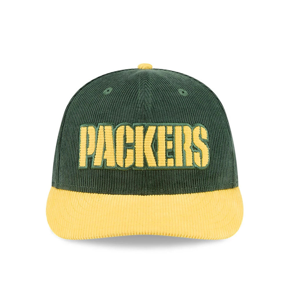 Packers NFL 2 Tone Cord Dark Green & Yellow New Era 9FIFTY Snapback Adjustable Cap, front view showing the yellow embroidered Packers lettering on the dark green corduroy crown, with a contrasting yellow rounded visor and top button.