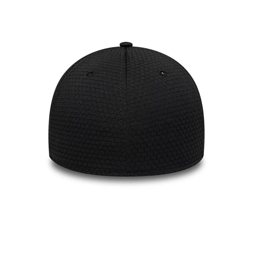 Chicago White Sox MLB Tech Black New Era 39THIRTY Stretch Fit Cap, rear view showing the seamless, textured black fabric design, two black embroidered eyelets on the back panels, and a matching black top button for a look.