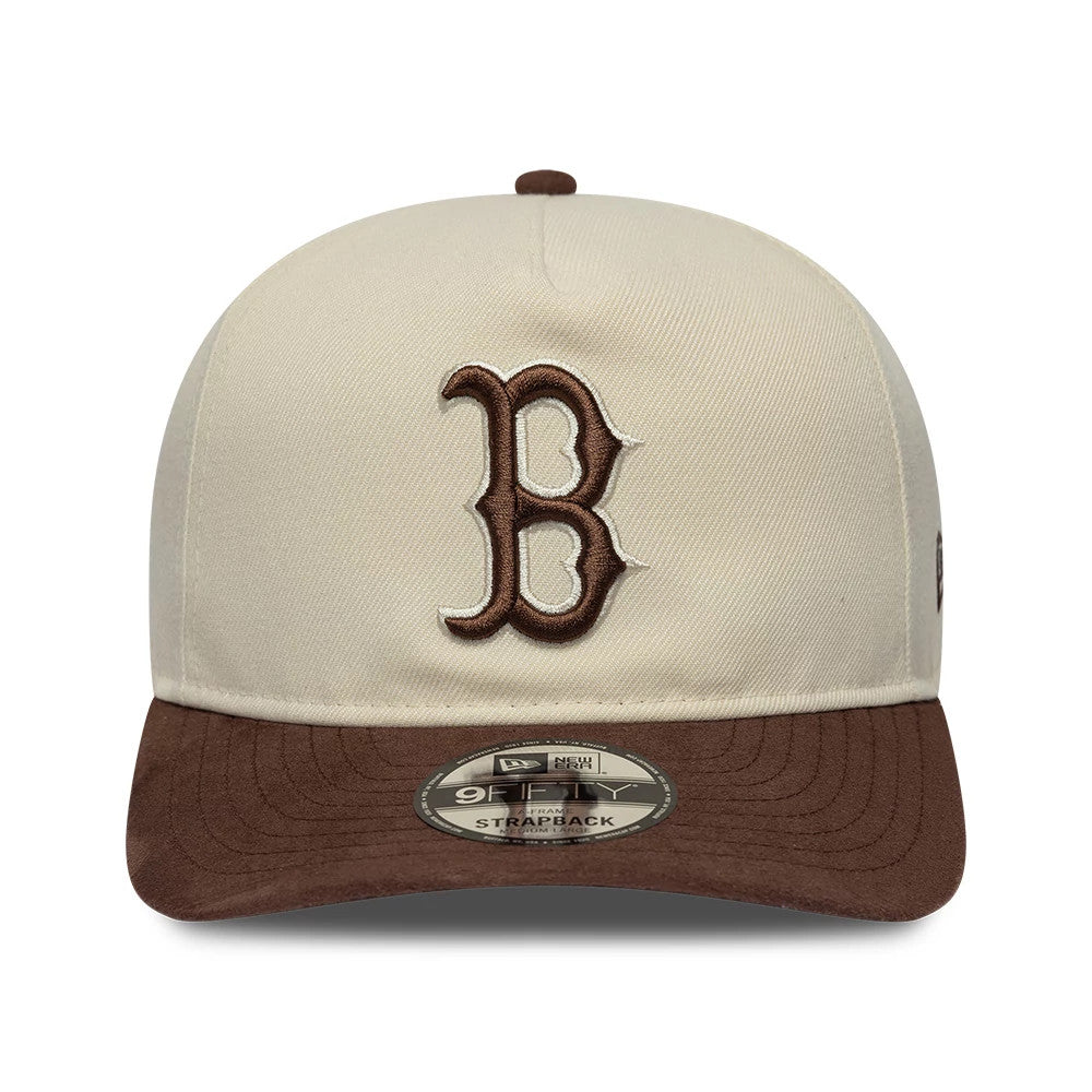 Boston Red Sox MLB Suede Visor Cream New Era 9FIFTY A-Frame Adjustable Cap, front view showing the raised brown embroidered B logo on the cream crown, brown suede flat visor, and 9FIFTY size sticker on the visor.