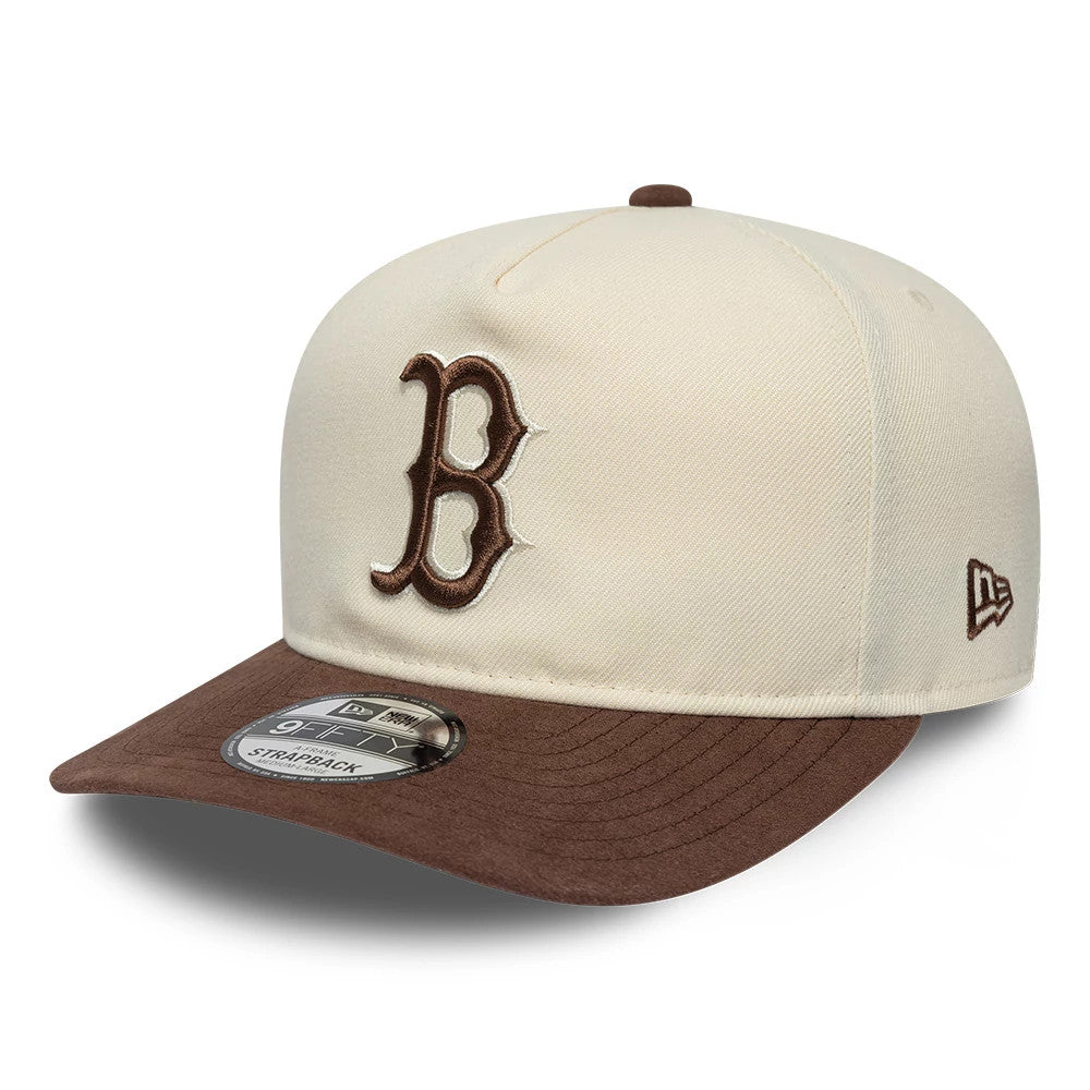Boston Red Sox MLB Suede Visor Cream New Era 9FIFTY A-Frame Adjustable Cap, front view showing the brown embroidered B logo on the cream front panel, featuring a brown suede visor and New Era flag logo on the left side.