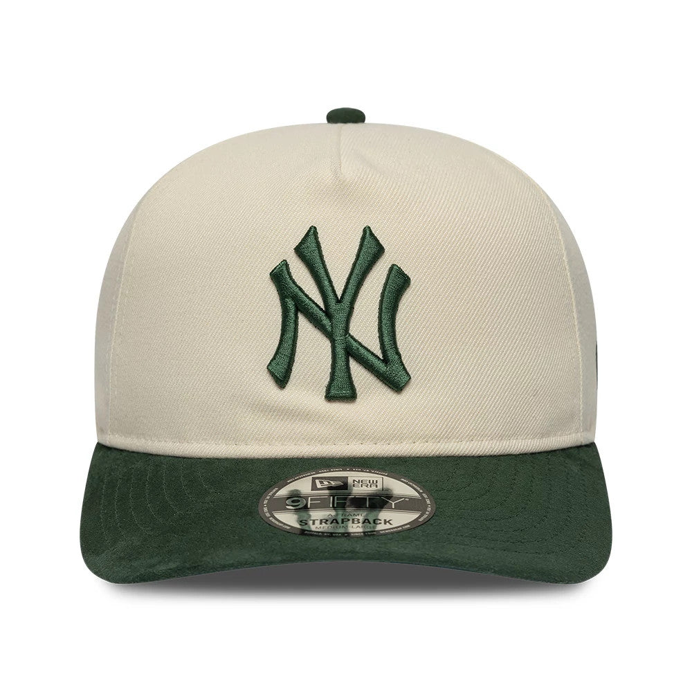 New York Yankees MLB Suede Visor Cream New Era 9FIFTY A-Frame Adjustable Cap, front view showing the raised dark green NY logo embroidered on the cream front panel, complemented by a matching green suede visor and a 9FIFTY size sticker.