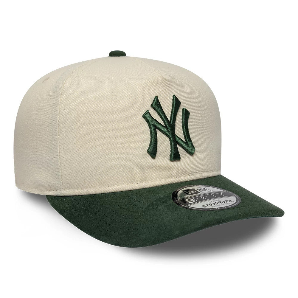 New York Yankees MLB Suede Visor Cream New Era 9FIFTY A-Frame Adjustable Cap, three-quarter view showing the green raised NY logo embroidered on the front panel, dark green suede visor, and 9FIFTY size sticker on the visor.