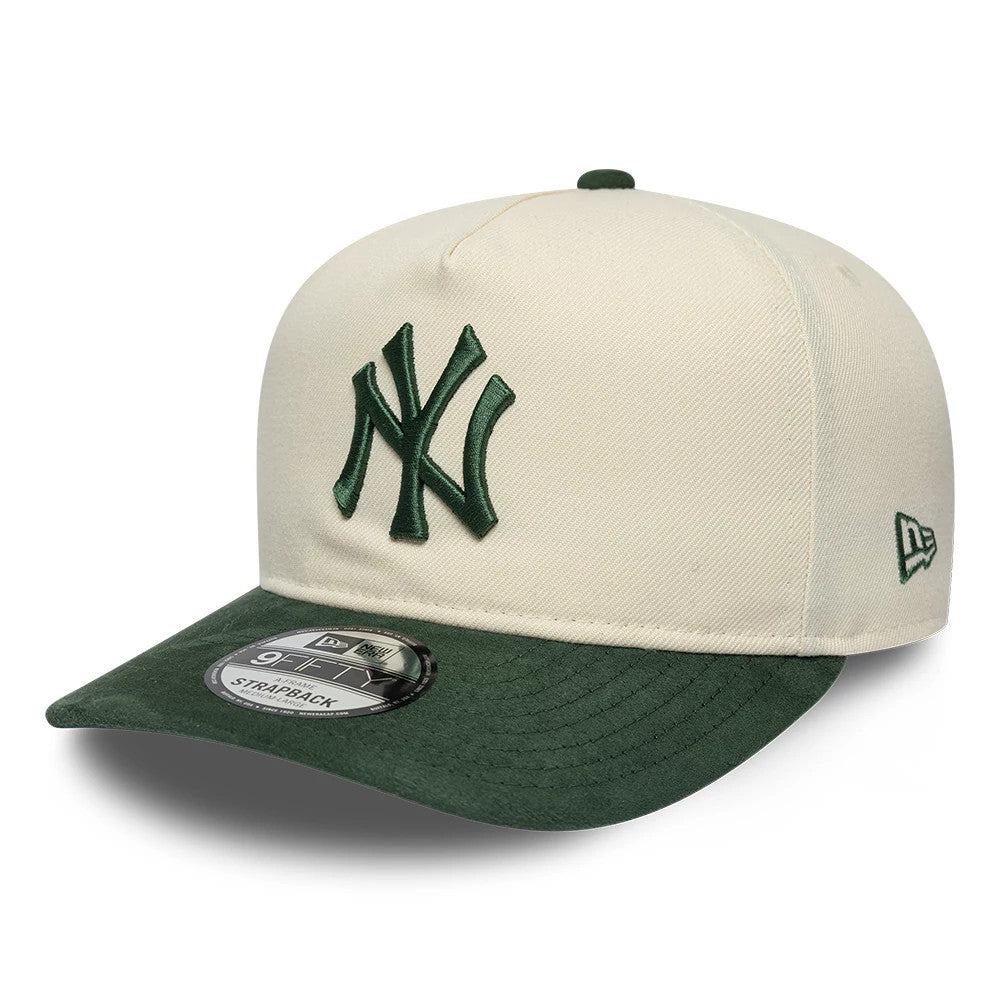 New York Yankees MLB Suede Visor Cream New Era 9FIFTY A-Frame Adjustable Cap, front view showing the raised green NY logo embroidered on the cream crown, complemented by a green suede visor with a 9FIFTY size sticker.