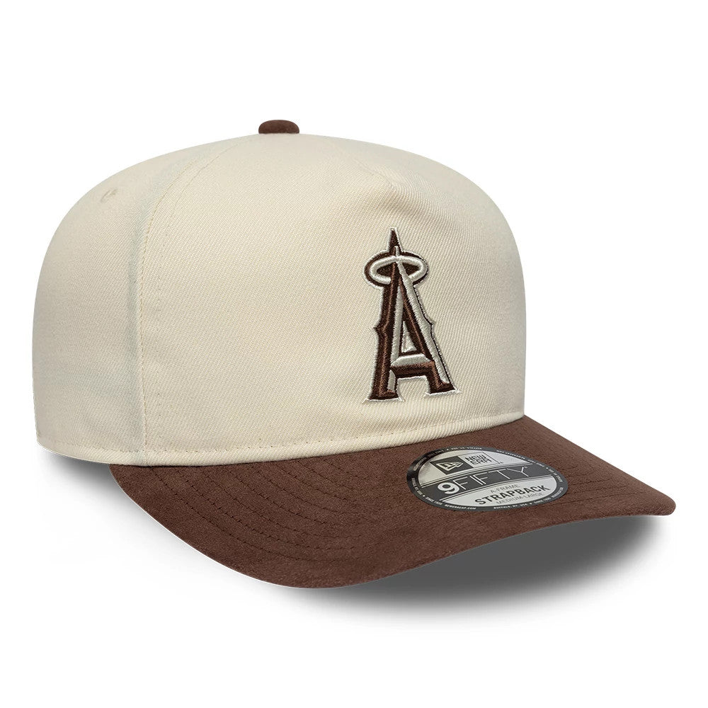 LA Angels MLB Suede Visor Cream New Era 9FIFTY A-Frame Adjustable Cap, three-quarter view showing the brown embroidered A logo on the front cream panel, matching brown suede visor, and 9FIFTY size sticker on the visor.