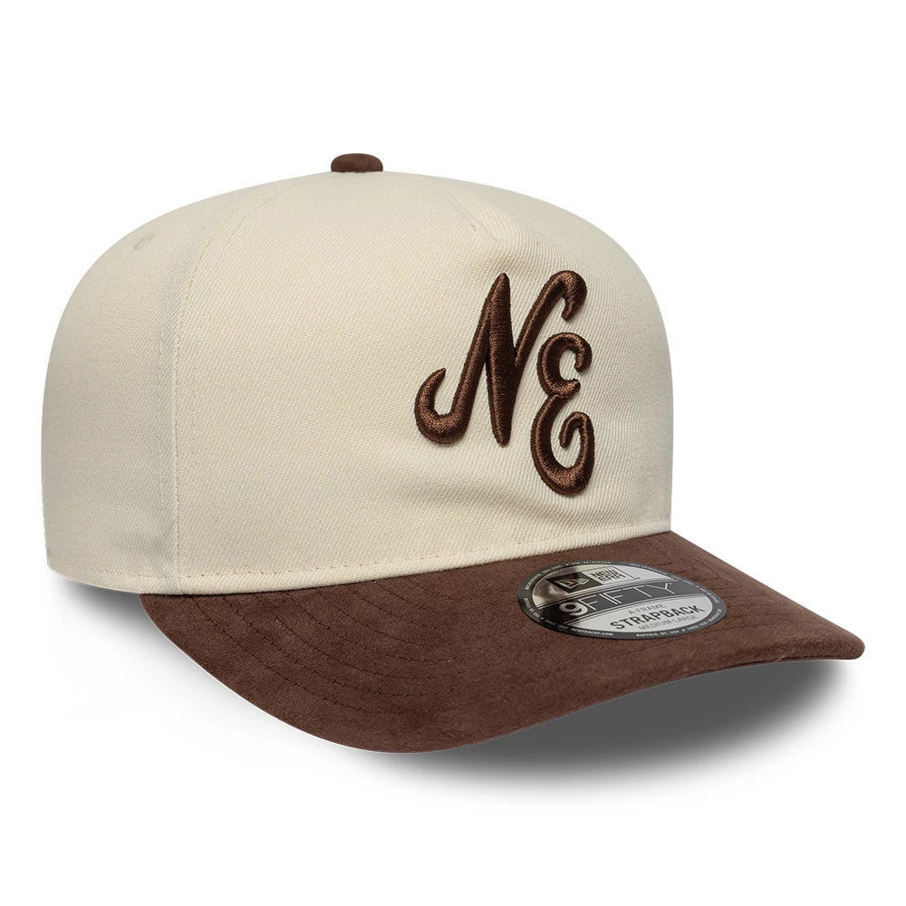 New Era Suede Visor Cream 9FIFTY A-Frame Adjustable Cap, front view showing brown raised embroidery of the NE logo on the structured cream front panel, with a brown suede flat visor featuring a 9FIFTY size sticker on top.