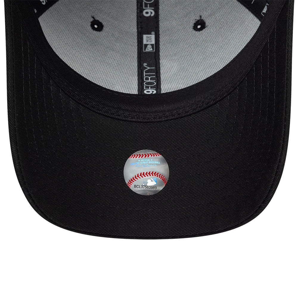 Chicago White Sox MLB Black New Era 9FORTY M-Crown Adjustable Cap, inside view showing the grey undervisor with a baseball graphic sticker, black 9FORTY taping, and a contrasting grey sweatband on the structured crown.