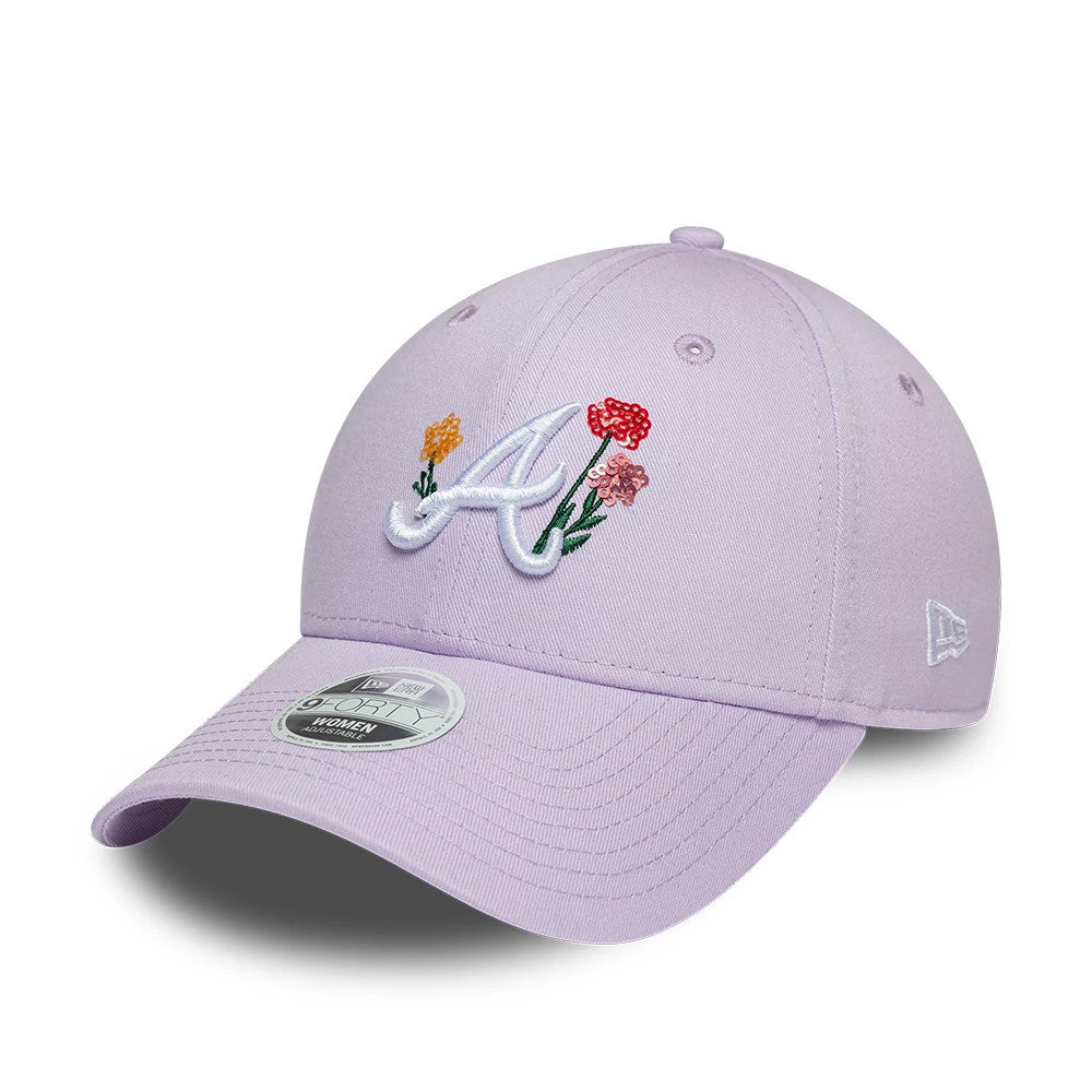Atlanta Braves Womens MLB Floral Icon Pastel Purple New Era 9FORTY Adjustable Cap, front view showing the white embroidered A logo with colourful floral details on the structured pastel purple crown, and a 9FORTY size sticker on the curved visor.