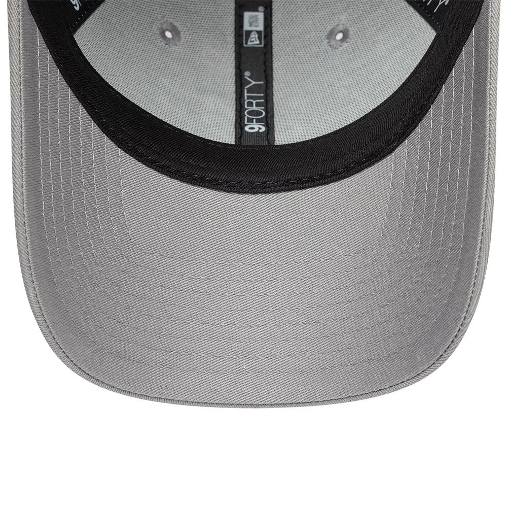 Womens New Era Floral Icon Grey 9FORTY Adjustable Cap, inside view showing grey undervisor with black contrast taping running along the seams, eyelets on the dome panels, and a centred 9FORTY size sticker near the crown.
