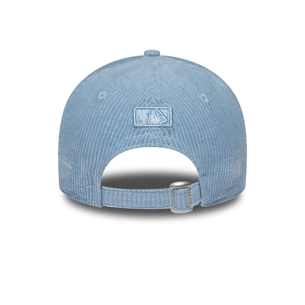 New York Yankees Womens MLB Pastel Cord Blue New Era 9FORTY M-Crown Adjustable Cap, rear view showing the pastel blue MLB Batterman logo centred on the corduroy fabric, with an adjustable strap and buckle featuring New Era branding.