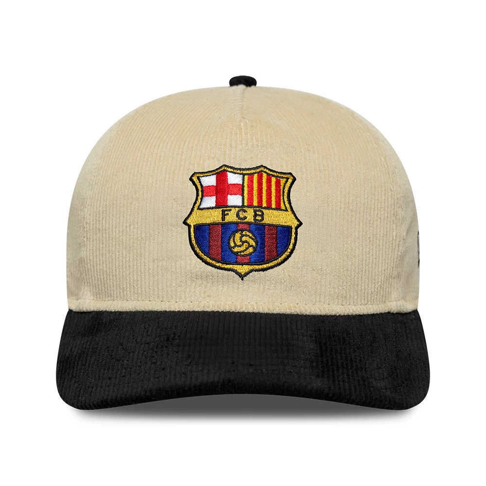 FC Barcelona Cord Light Beige New Era 19TWENTY Adjustable Cap, front view showing the prominently embroidered FCB crest logo with red, yellow, and blue on the light beige corduroy crown, paired with a contrasting black visor.