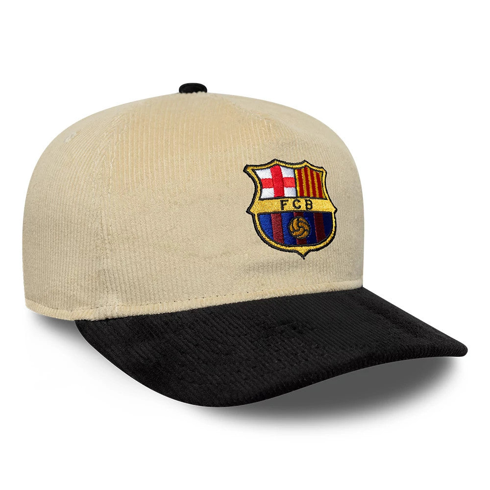 FC Barcelona Cord Light Beige New Era 19TWENTY Adjustable Cap, three-quarter view showing the colourful embroidered FC Barcelona crest on the front panel, with a contrasting black visor and a top button on the corduroy crown.
