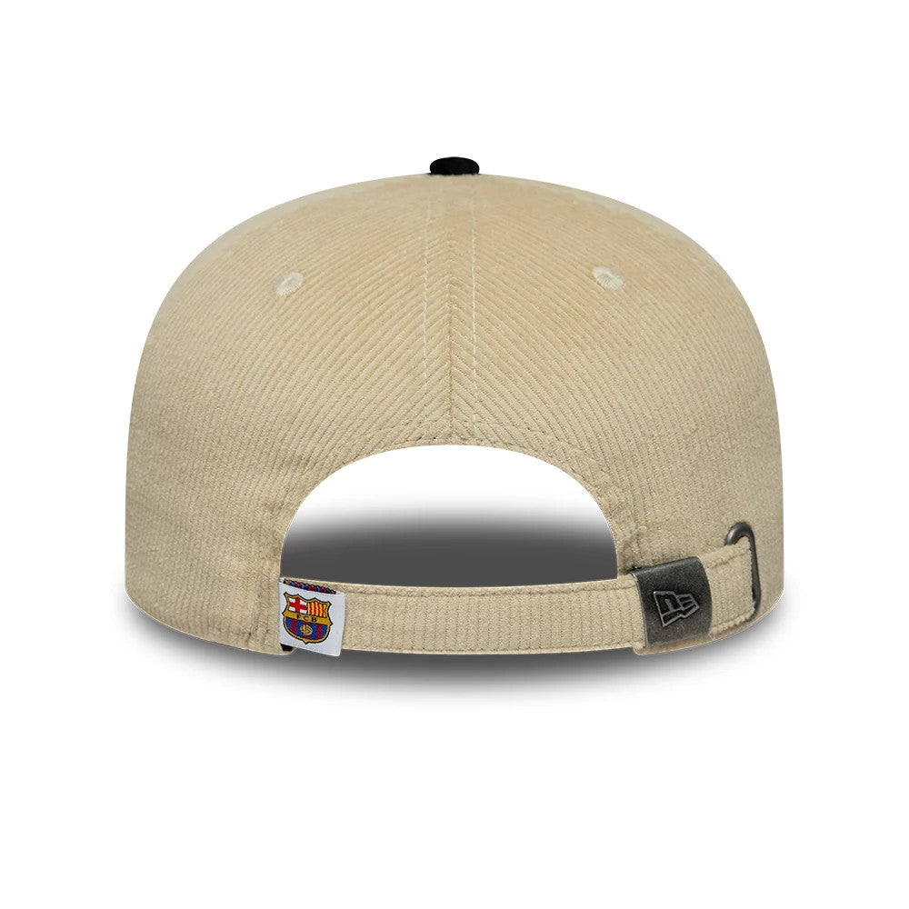 FC Barcelona Cord Light Beige New Era 19TWENTY Adjustable Cap, rear view showing the FC Barcelona crest on the light beige strap, with the New Era flag logo on the dark closure tab, and eyelet detail on the crown.