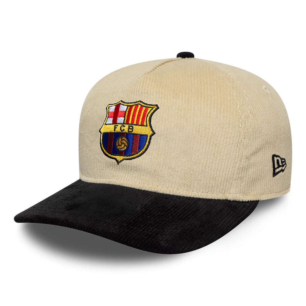 FC Barcelona Cord Light Beige New Era 19TWENTY Adjustable Cap, front view showing the embroidered FCB crest prominently on the light beige corduroy crown, complemented by a contrasting black visor and the New Era flag logo on the left side.