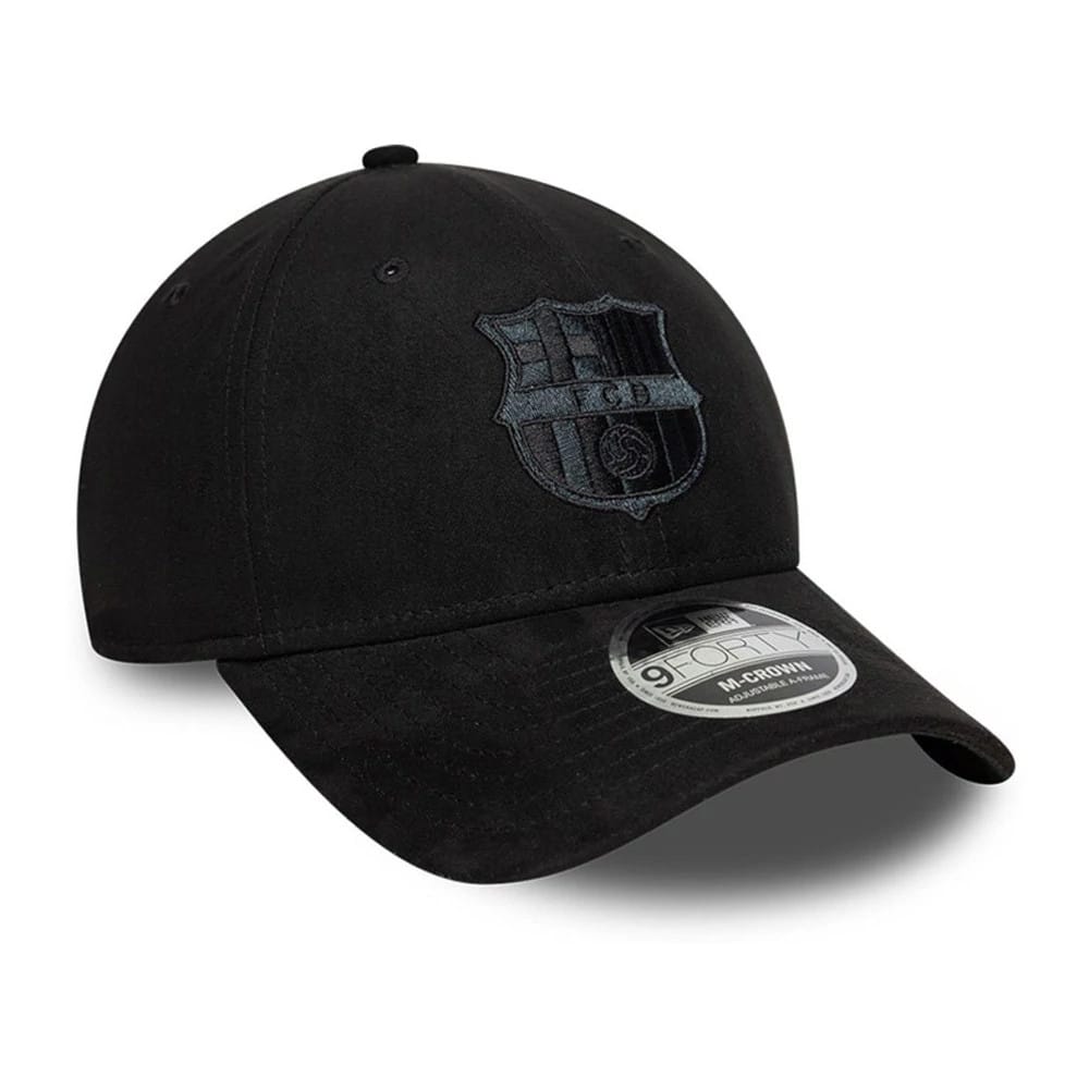 Pictured is this FC Barcelona Faux Suede 9FORTY M-Crown cap in black. 3