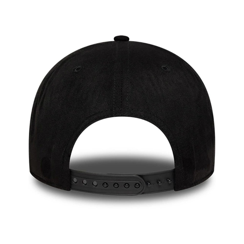 FC Barcelona Faux Suede Black New Era 9FORTY M-Crown Adjustable Cap, rear view showing the black adjustable strap at the base of the black faux suede crown, with eyelets on each panel and a small top button.