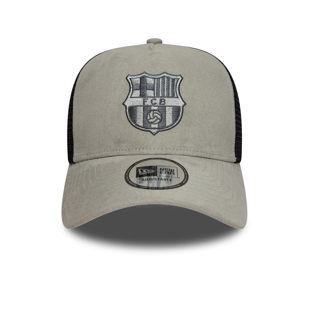 FC Barcelona Faux Suede Grey New Era 9FORTY A-Frame Trucker Adjustable Cap, front view showing the grey embroidered FC Barcelona crest on the centre of the crown, with a contrasting black mesh back and a 9FORTY size sticker on the grey curved visor.