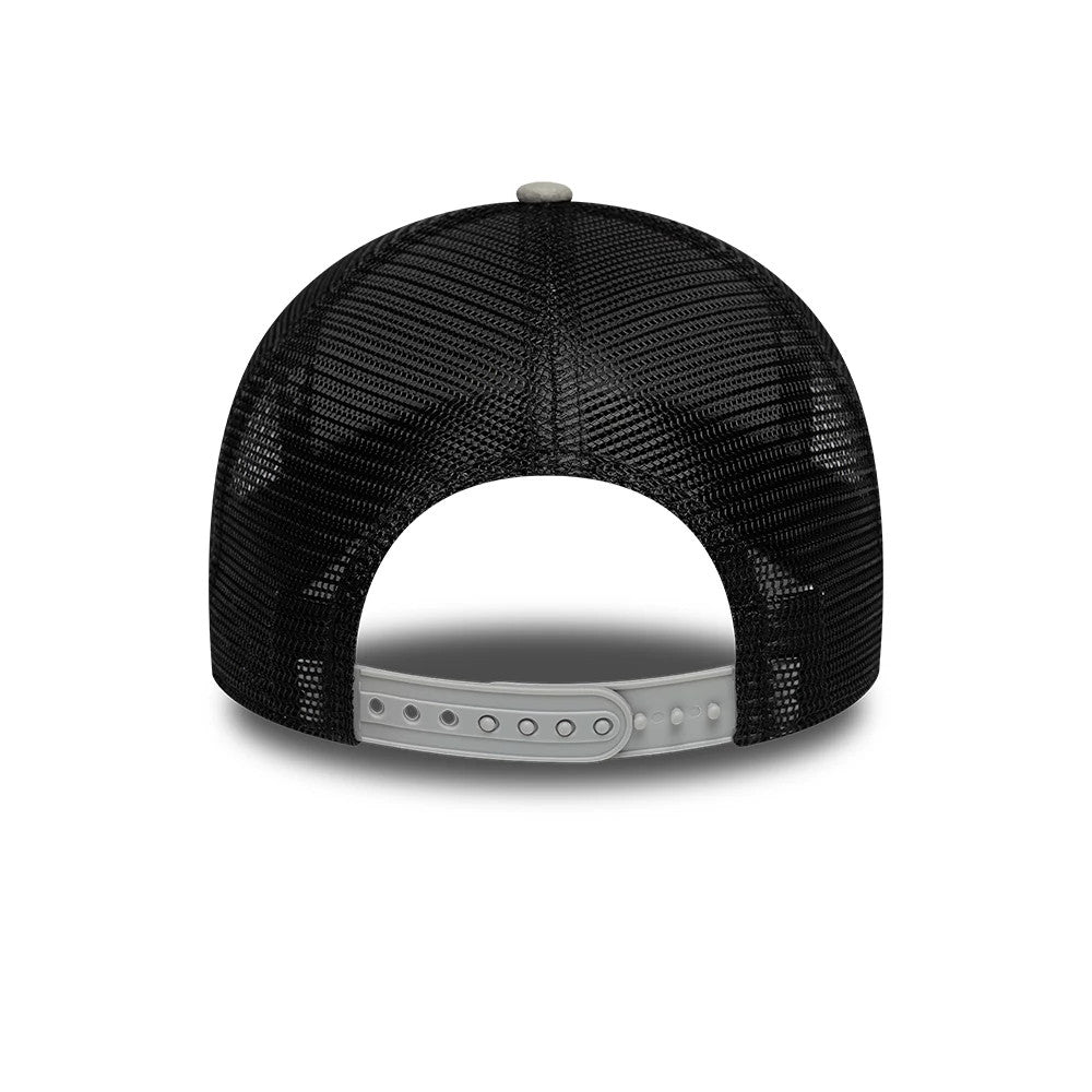 FC Barcelona Faux Suede Grey New Era 9FORTY A-Frame Trucker Adjustable Cap, rear view showing the black mesh back panels and a grey adjustable snap closure, with a grey top button completing the classic trucker style.