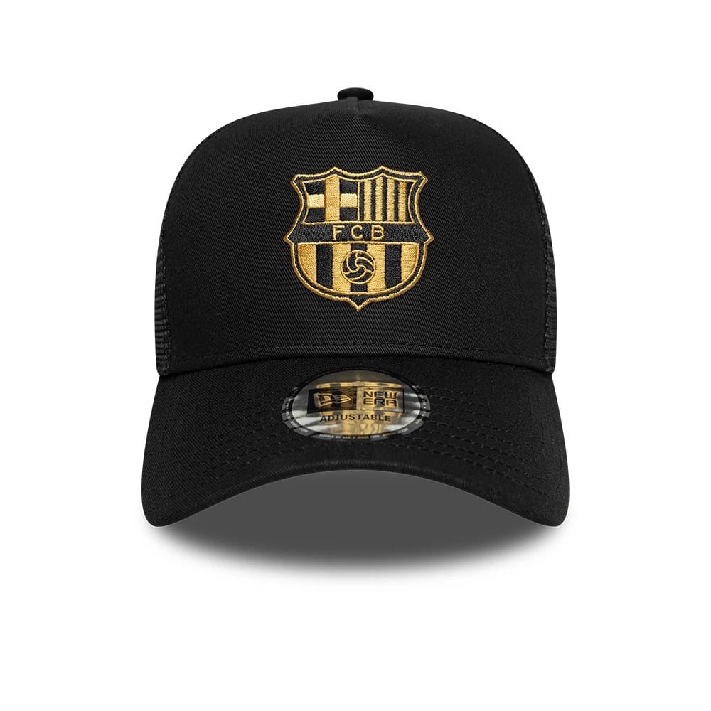 Pictured is this FC Barcelona Black Gold 9FORTY A-Frame Trucker cap in black. 2