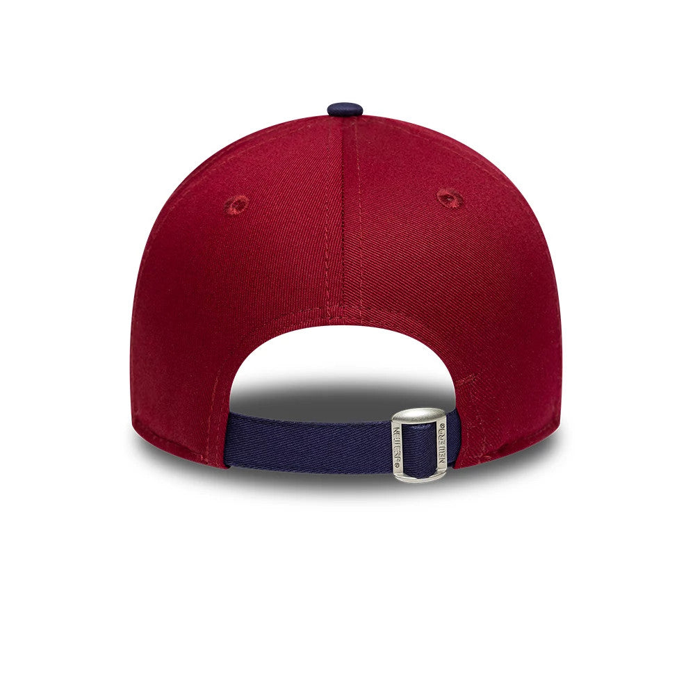 Youth FC Barcelona Contrast Dark Red New Era 9FORTY Adjustable Cap, rear view showing a structured dark red crown with matching eyelets, a navy blue adjustable strap with buckle at the base of the cap.