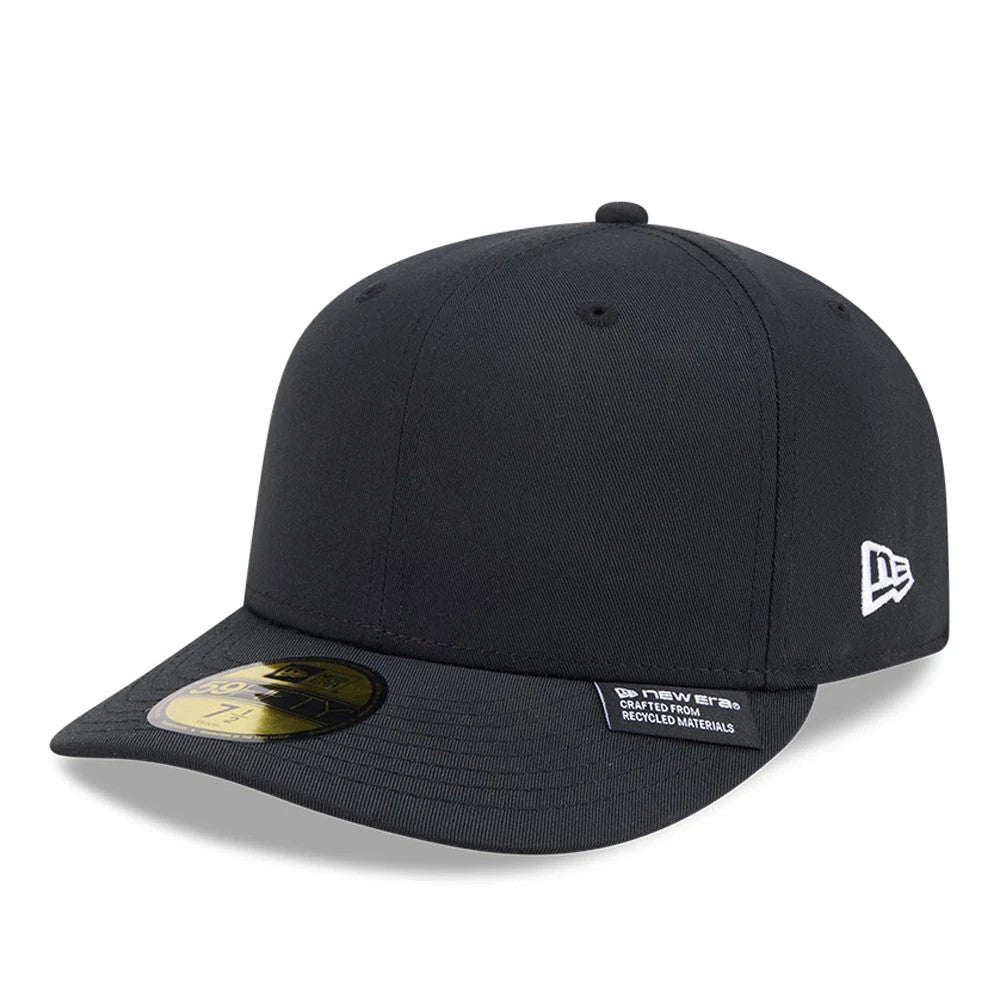 New Era Recycled Twill Black 59FIFTY Fitted Cap, three-quarter view showing the white embroidered New Era flag logo on the left side, a curved black visor with a gold 59FIFTY size sticker, and a fabric label on the front.