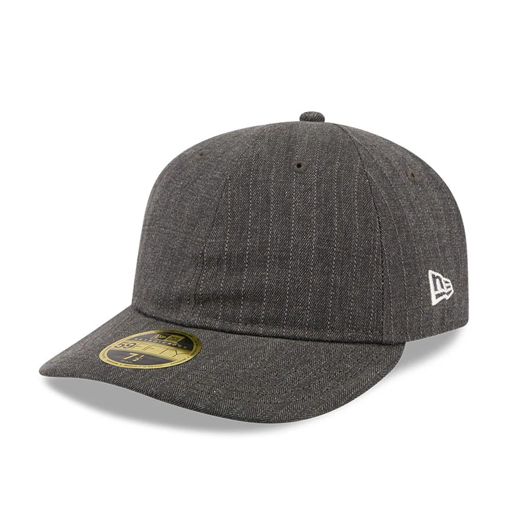 New Era Herringbone Charcoal Retro Crown 59FIFTY Fitted Cap, three-quarter view showing the finely woven herringbone pattern across the structured crown, with a white embroidered New Era flag logo on the left side.